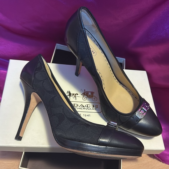 Coach Shoes - Coach Camille black leather and fabric size 9 heels in like new condition